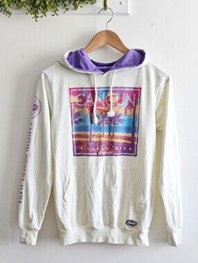 Pier27 Cancun Riviera Maya Graphic Hoodie Sweatshirt Cream Purple Size M Beach
